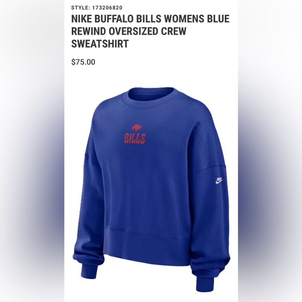 Nike Buffalo Bills Women’s Blue Rewind Oversized Crew Sweatshirt